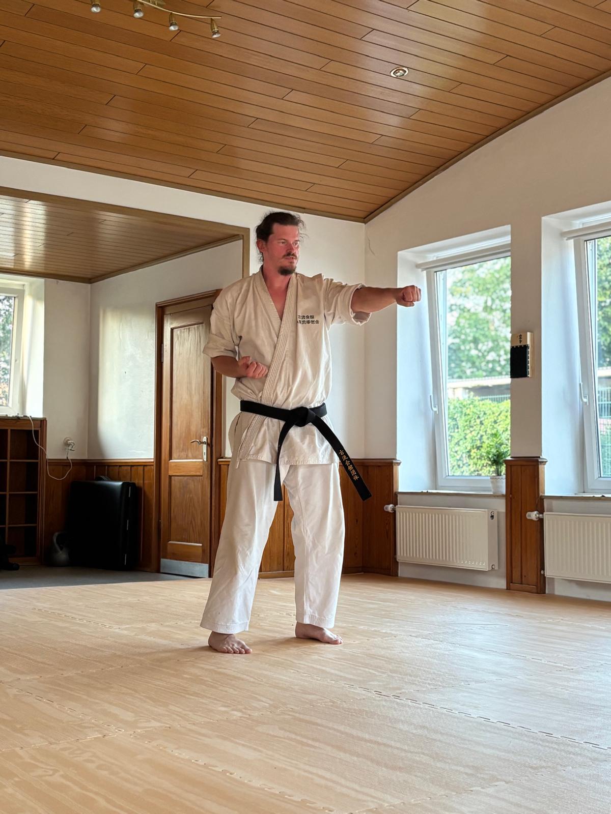Rene Tegeler zeigt einen Fauststoß als Karate-Grundtechnik im Dojo Lahde