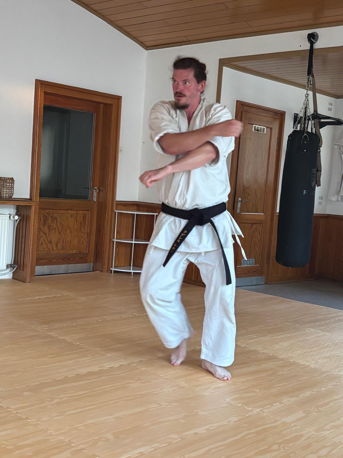 Dynamische Karatetechnik während einer Kata im Dojo Lahde